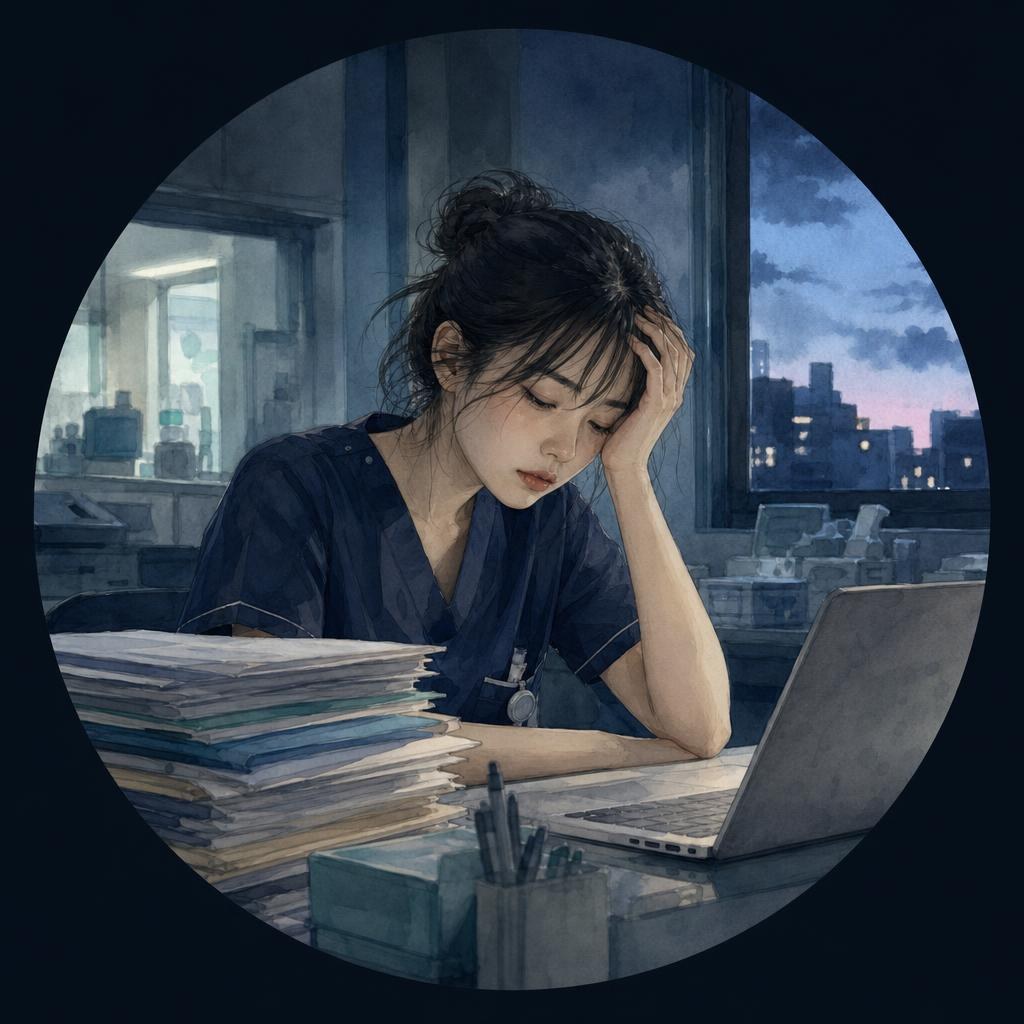 夜勤明けにぐったりする看護師のイラスト