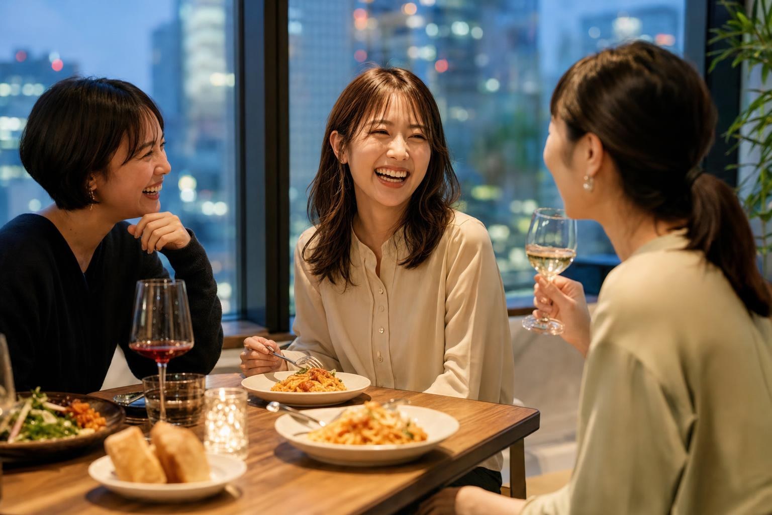 友人と夕食を楽しむ女性